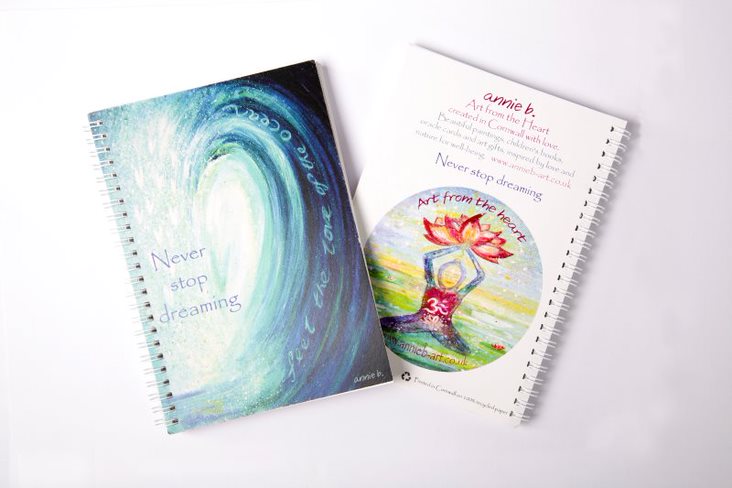 Never stop dreaming - Inspirational notebooks printed locally on 100% recycled paper, ideal for your dreams and wishes, sketches, journaling and more - the perfect gift for your loved ones and yourself.. Heavy 160 gms plain off white paper Size A5 portrait - 14.8cm x 21 cm / 5.8" x 8.3" Spiral bound . Recycled , printed in Cornwall.