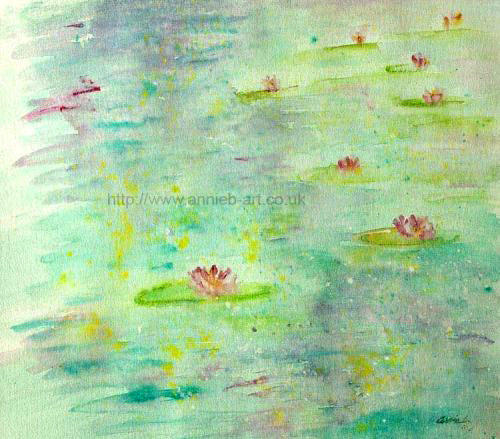 Watercolour painting of a peaceful zen lily pond perfect for meditation and bringing peace and tranquillity to your home, yoga studio or work space.  Square format fine art print available with two options to choose from printed in Cornwall: