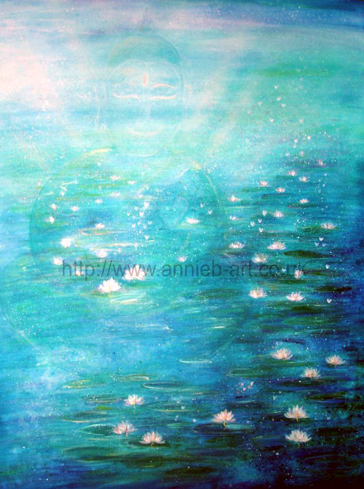 Buddha appears shining light from a tranquil turquoise lily pond.  Meditation art to help bring us back to the moment. Mindfulness art ideal for your theraphy room, yoga studio art or perfect to bring peace and tranquillity to your home. Square format fine art print available with two options to choose from printed in Cornwall: