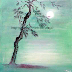 Pine tree - an original oil painting by annie b. oil on deep edge box canvas with a hint of sparkle Canvas size 60cm x 60cm  Pine tree- Far seeing, inner wisdom, purification.  This tall, Scots Pine tree, helps us to see beyond the present, and be able to see things from another’s point of view, thus promoting inner wisdom and healing. 