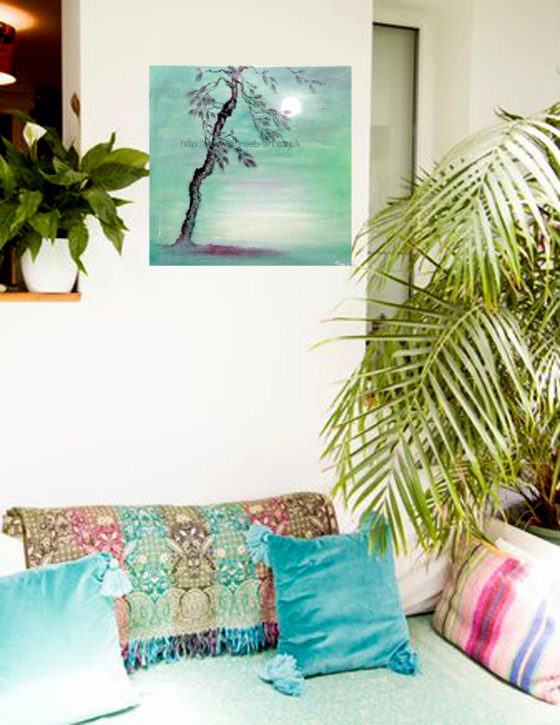 Pine tree - an original oil painting by annie b. oil on deep edge box canvas with a hint of sparkle Canvas size 60cm x 60cm  Pine tree- Far seeing, inner wisdom, purification.  This tall, Scots Pine tree, helps us to see beyond the present, and be able to see things from another’s point of view, thus promoting inner wisdom and healing. 