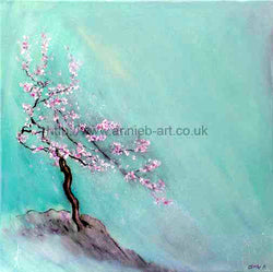 This oil painting of the tranquil plum blossom in a Japanese style on a turquoise background is part of my Magical trees collection and is for meditation to help teach us of the impermanence of life bringing peace and tranquillity.  Plum blossom tree representing - Hope, purity, peace, beauty, nobility. Square format giclee fine art print available with or without frame.