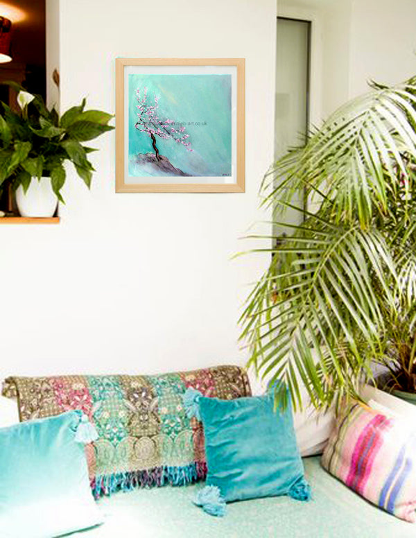 This oil painting of the tranquil plum blossom in a Japanese style on a turquoise background is part of my Magical trees collection and is for meditation to help teach us of the impermanence of life bringing peace and tranquillity. Plum blossom tree representing - Hope, purity, peace, beauty, nobility. Square format giclee fine art print available with or without frame.