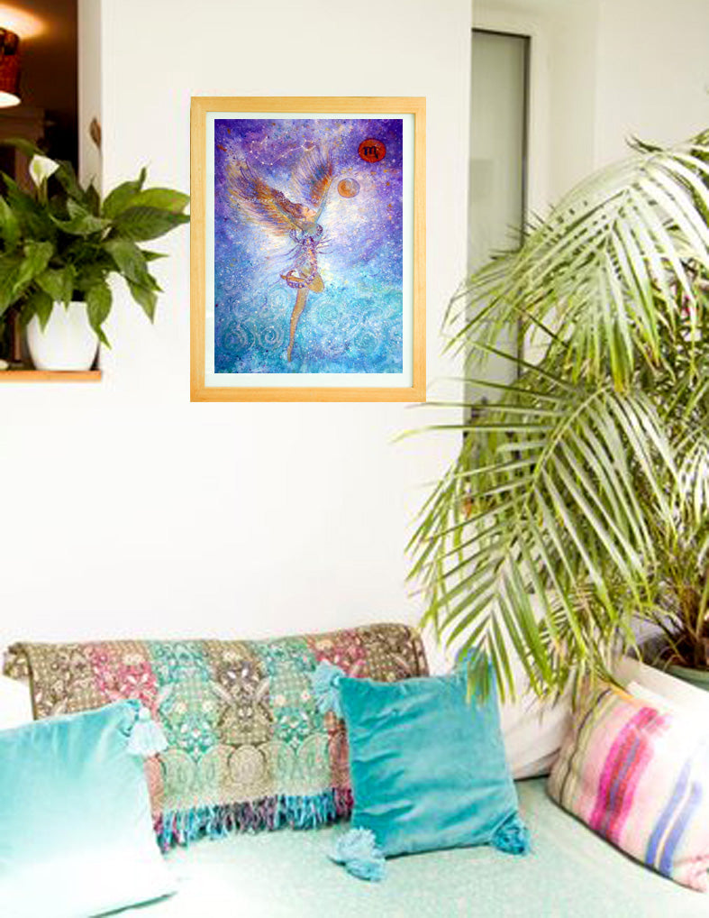 This beautiful painting incorporates the characteristics of the star sign zodiac Scorpio - deep, strong, powerful, emotional and is a goddess Scorpio sign with wings reaching out to eh universe..- Scorpio the water sign.... and is painted in mixed medium on heavy watercolour paper in acrylic, with a touch of gold and sparkle. Portrait fine art print available with two options to choose from printed in Cornwall: