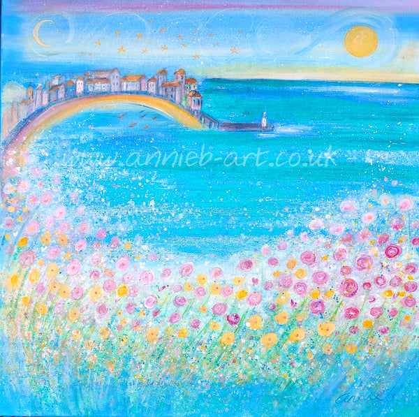 This magical painting by Cornish artist annie b. captures the wonderful light and magic of the harbour and wild flowers in St. Ives in Cornwall.
