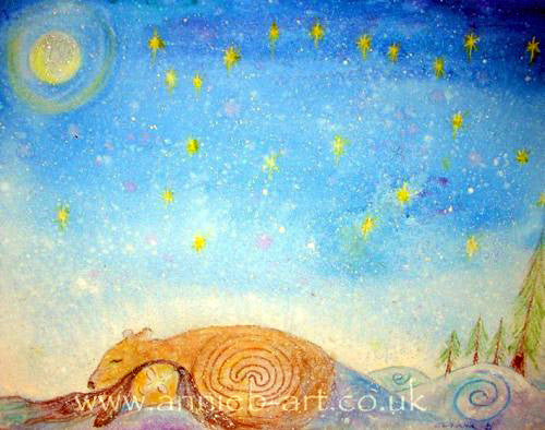 A shamanic figure sleeps under a a starry sky and full moon, her head leaning on a sleeping bear.  The symbol of the labyrinth is on his the bear's back. A labyrinth, unlike a maze, has only one path, leading from the entrance to the centre and out again in one direction. Often  carved on Stone Age monuments such as Stone henge, the labyrinth symbol represents the soul's journey into the centre of the uterine underworld and its return toward rebirth.