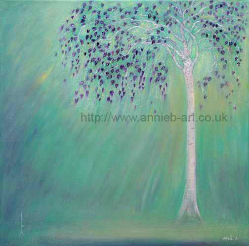  This tranquil oil painting is of a silver birch tree with leaves of hearts.  ‘Silver Birch tree' represents a new start, rebirth, new opportunities, healing & nourishment.  The Birch represents a new beginning, a new opportunity, a new journey, physical or spiritual.  It helps us prepare for change, and nourishes us, helping us to let go of old beliefs and patterns. 