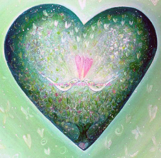 Two white doves sing the song of love together in a vivid green tree within a green heart full of love and white hearts and butterflies. Love art for anniversaries, weddings and your loved ones.  Square format fine art print available with two options to choose from printed in Cornwall: