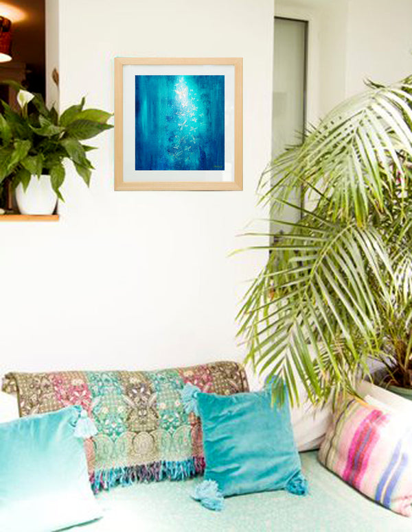 Caribbean blue  II fine art giclee print mounted and framed in a light wooden frame ready for your walls. This magical image was created as part of a set of three paintings of the white butterflies flying over the turquoise Caribbean ocean inspired by a magical event that occurred on our wedding day, when just before the ceremony thousands and thousands of white butterflies were seen flying over the ocean and beach where our ceremony was taking place.