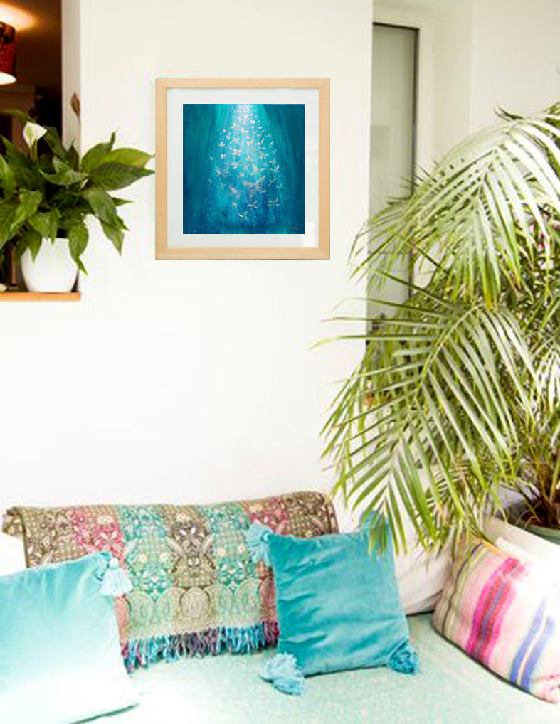 Caribbean blue  III fine art giclee print mounted and framed in a light wooden frame ready for your walls.. This magical image was created as part of a set of three paintings of the white butterflies flying over the turquoise Caribbean ocean inspired by a magical event that occurred on our wedding day, when just before the ceremony thousands and thousands of white butterflies were seen flying over the ocean and beach where our ceremony was taking place.