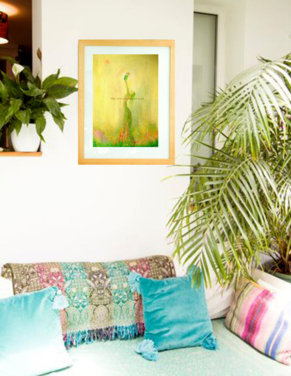 A fine art giclee print in greens and yellow and pink flowers evolves into a mother rejoicing with love as she connects with her beautiful new baby.- a celebration of new life.  A connection with the beauty of the earth and all her abundance. The perfect print for a babies nursery, a bedroom or family home.  This print is mounted and framed in a natural wooden frame made in Cornwall, ready for your walls.
