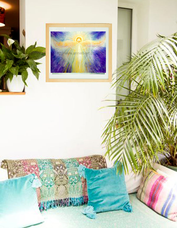 This golden angel, Solar angel shines out her radiant light, angel wings open on a purple galaxy sky, sending love and healing down to planet earth.  Call on Solar angel if you need a lift of energy and healing from the higher realms.   Landscape fine art print available with two options to choose from printed in Cornwall: