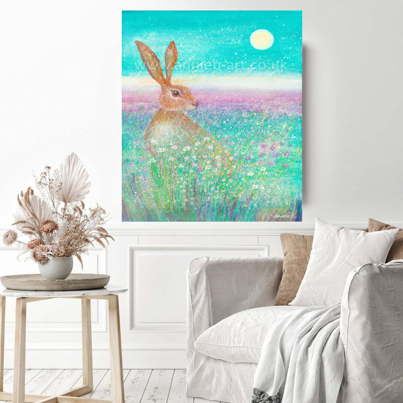 Hare art. Spring flowers. full moon art.  annie b. art from the heart