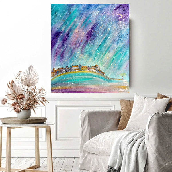 This magical painting by Cornish artist annie b. captures the wonderful light and starry sky magic of the  St. Ives harbour, Cornwall   A mixed medium painting on deep edge boxed canvas with a hint of sparkle, ready for your walls to uplift any space in your home or workspace