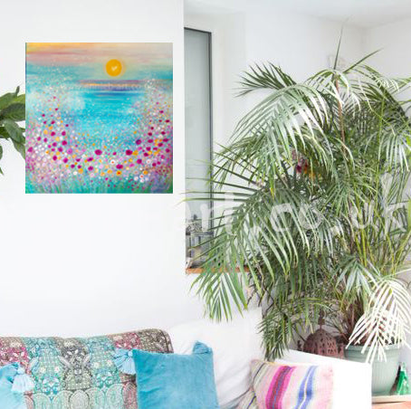 This magical painting by Cornish artist annie b. captures the wonderful light and magic of the summer sunshine shining on the turquoise ocean surrounded by the beautiful wild flowers in a Cornish bay   A mixed medium painting on deep edge boxed canvas with a hint of sparkle, ready for your walls to uplift any space in your home or workspace  Painting size -  -  60cm x 60cm