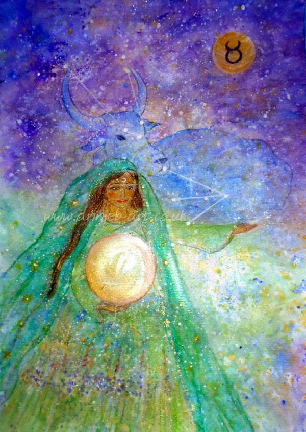 This beautiful painting incorporates the characteristics of Taurus the earth sign and relating planets and is painted in mixed media on heavy watercolour paper in acrylic, with a touch of gold and sparkle.  Taurus is an earth sign. Taureans, like the bull that represents them, are known to be intelligent, dependable, hardworking, dedicated, and can be stubborn.  Portrait fine art print available with two options to choose from printed in Cornwall: