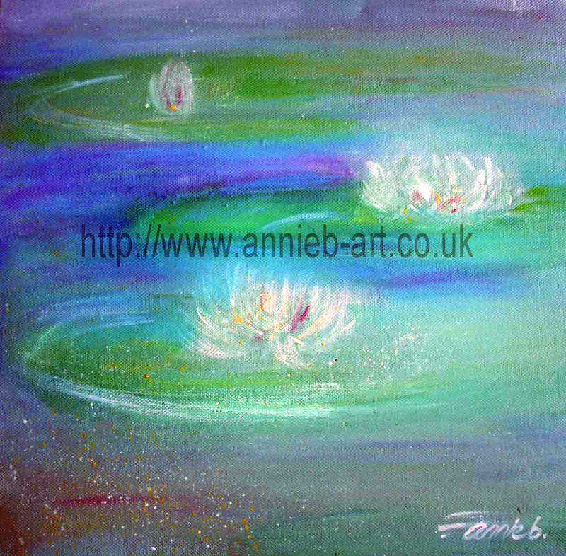 'Three lilies' original by annie b. mixed medium on deep edge boxed canvas with a hint of iridescent paint  size 30cm x 30cm  A Monet style lily pond painting in greens, turquoise, blues and pinks.