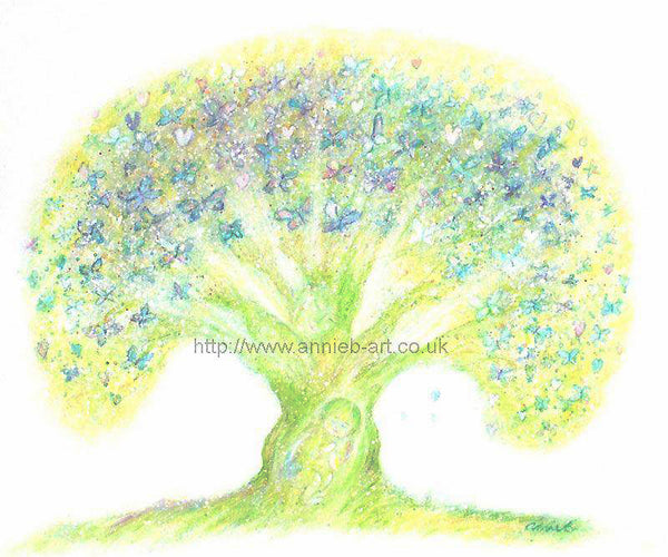 A painting of a gentle tree with blossoms full of light and butterflies, and within a mother gazes down at her baby within the tree trunk.  Square format fine art print available with two options to choose from printed in Cornwall: