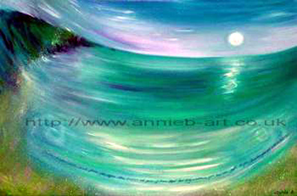 Fine art  landscape giclee print.   A full moon shimmers over the turquoise ocean as the waves lap into the bay of Porthtowan Cornwall, and below the waves a message written for all to see.