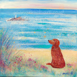 This magical painting by Cornish artist annie b. depicts a beautiful dog watching butterflies in the wild flowers on the sandy shore at Godrevy beach Cornwall