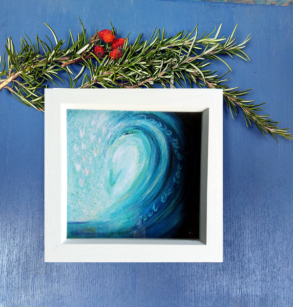 A mini print of my best selling  'wave - feel the love of the ocean', hand finished ;with a touch of gold and sparkle in a white deep wooden frame ready for your walls. the perfect gift.  waves, ocean art, north coast . surf art, surf gifts.  Annie b. art