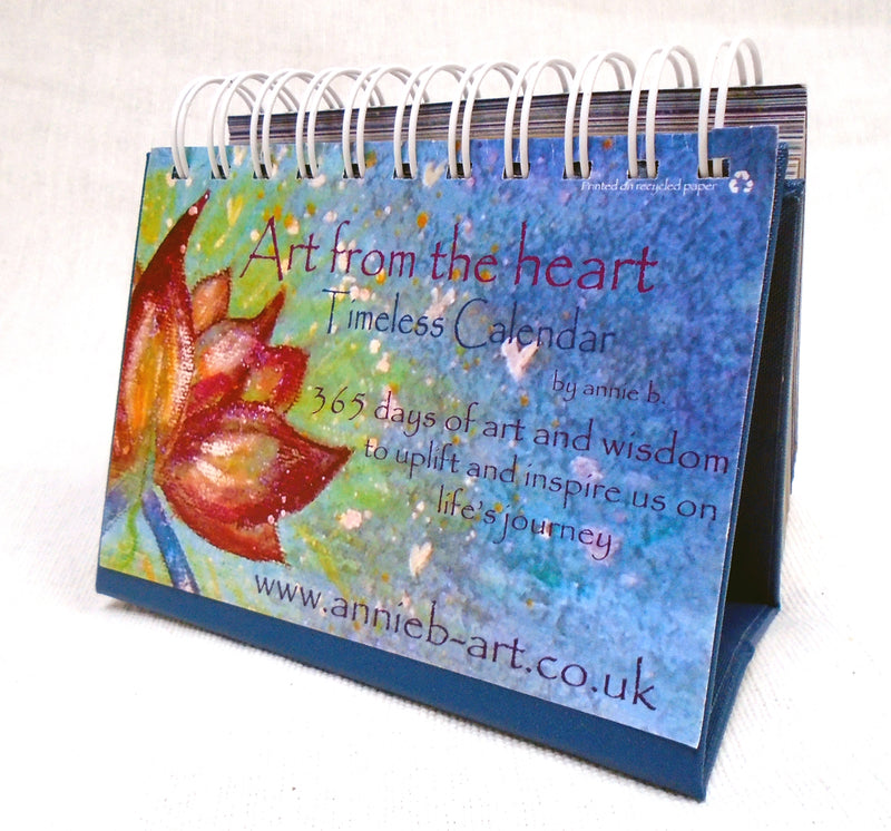 Flip the page each day to find a beautiful annie b. art image and inspiring words to ponder throughout the day- to help uplift and inspire as well as embrace the tranquillity of each moment . A sustainable 365 day desk calendar printed locally with love on recycled paper and card here in Cornwall that just keeps going year after year. .Order yours now for the perfect gift... for loved ones. Trees, hares, hearts and all things inspirational