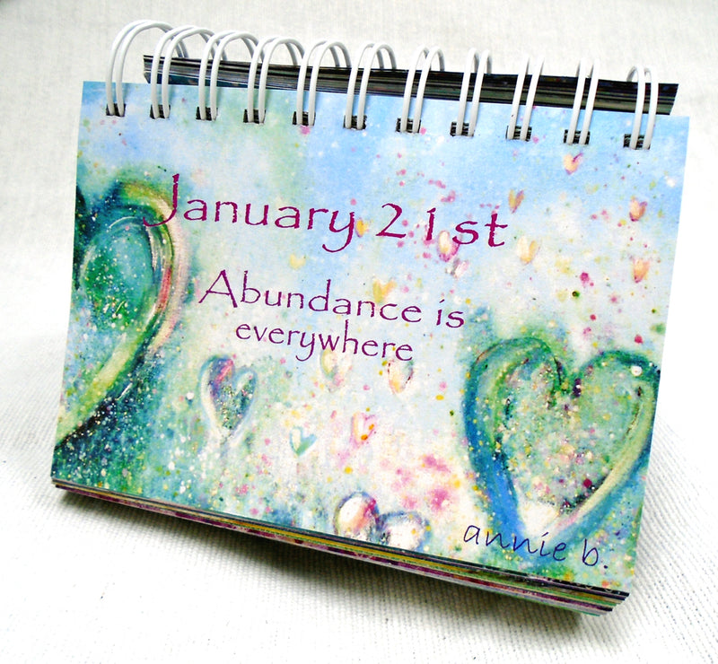 Flip the page each day to find a beautiful annie b. art image and inspiring words to ponder throughout the day- to help uplift and inspire as well as embrace the tranquillity of each moment . A sustainable 365 day desk calendar printed locally with love on recycled paper and card here in Cornwall that just keeps going year after year. .Order yours now for the perfect gift... for loved ones. Trees, hares, hearts and all things inspirational