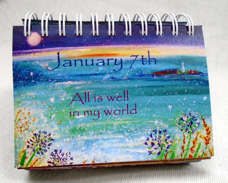 Flip the page each day to find a beautiful annie b. art image and inspiring words to ponder throughout the day- to help uplift and inspire as well as embrace the tranquillity of each moment . A sustainable 365 day desk calendar printed locally with love on recycled paper and card here in Cornwall that just keeps going year after year. .Order yours now for the perfect gift... for loved ones. Trees, hares, hearts and all things inspirational