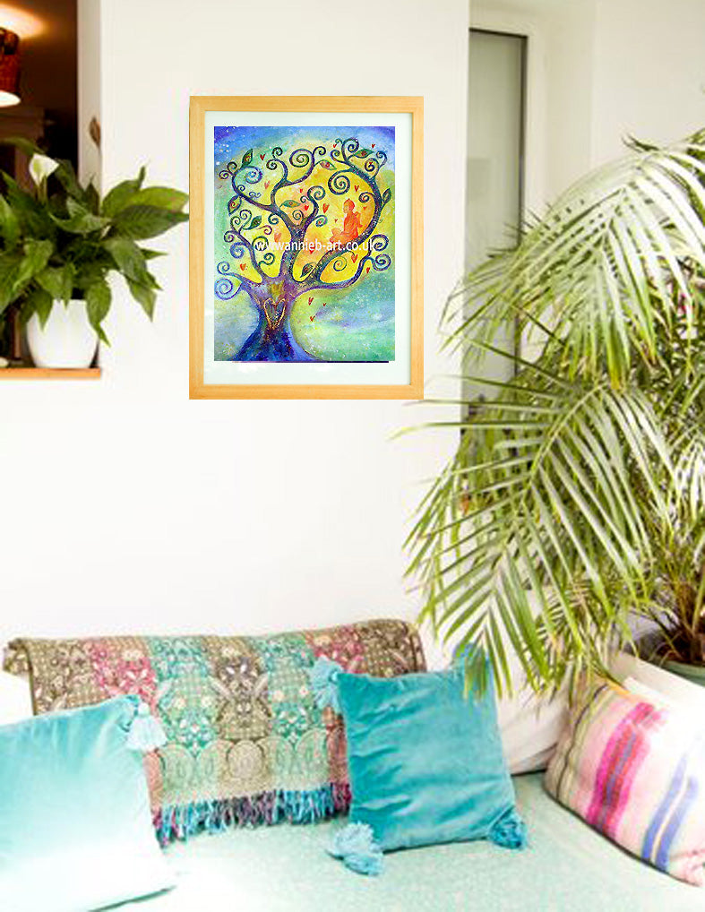 A Buddha figure sits meditating in a magical tree of life connecting with this moment.  When we sit in the present and our mind is quiet we hear the quiet voice of our heart, our true self.  Ideal print for meditation rooms, theraphy rooms, to create a tranquil corner in your home or workspace.  Portrait fine art print available with two options to choose from printed in Cornwall:
