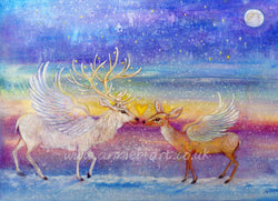 These magical stags meet under a snowy sky in a winter wonderland exuding love and blessings.  Portrait fine art print available with two options to choose from: