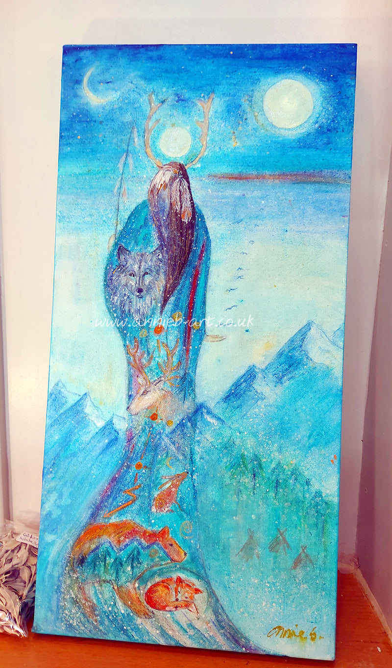 This inspirational original painting depicts a woman connecting with all her animal spirits and guides - Eagle, wolf, stag, bear, hare and fox. Merging energies to obtain wisdom and compassion.   Original painting in mixed media on deep box canvas in turquoises and native American deep reds and oranges with a hint of sparkle and gold ready for your walls to lift and enhance any home, workspace or meditation centre.  Native American Indian inspired, Animal wisdom art original.