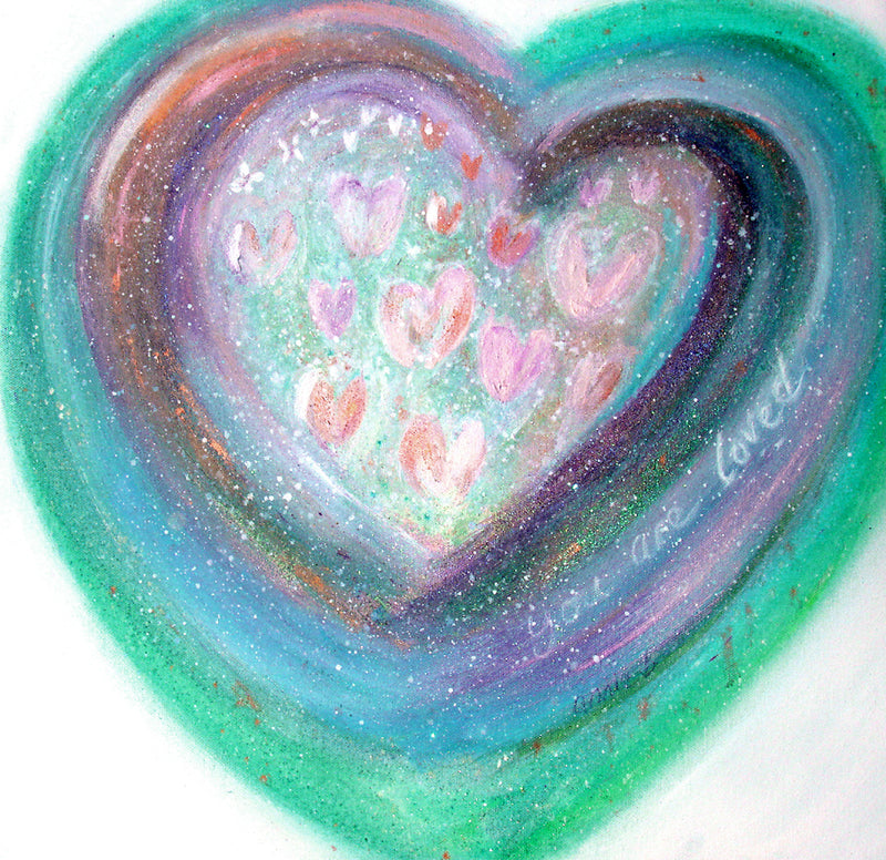 A painting from my Love Series.  A soft heart emanating love to you, from the heart with the words 'You are loved'. Feel the love from all the universe.  Square format fine art print available with two options to choose from printed in Cornwall: